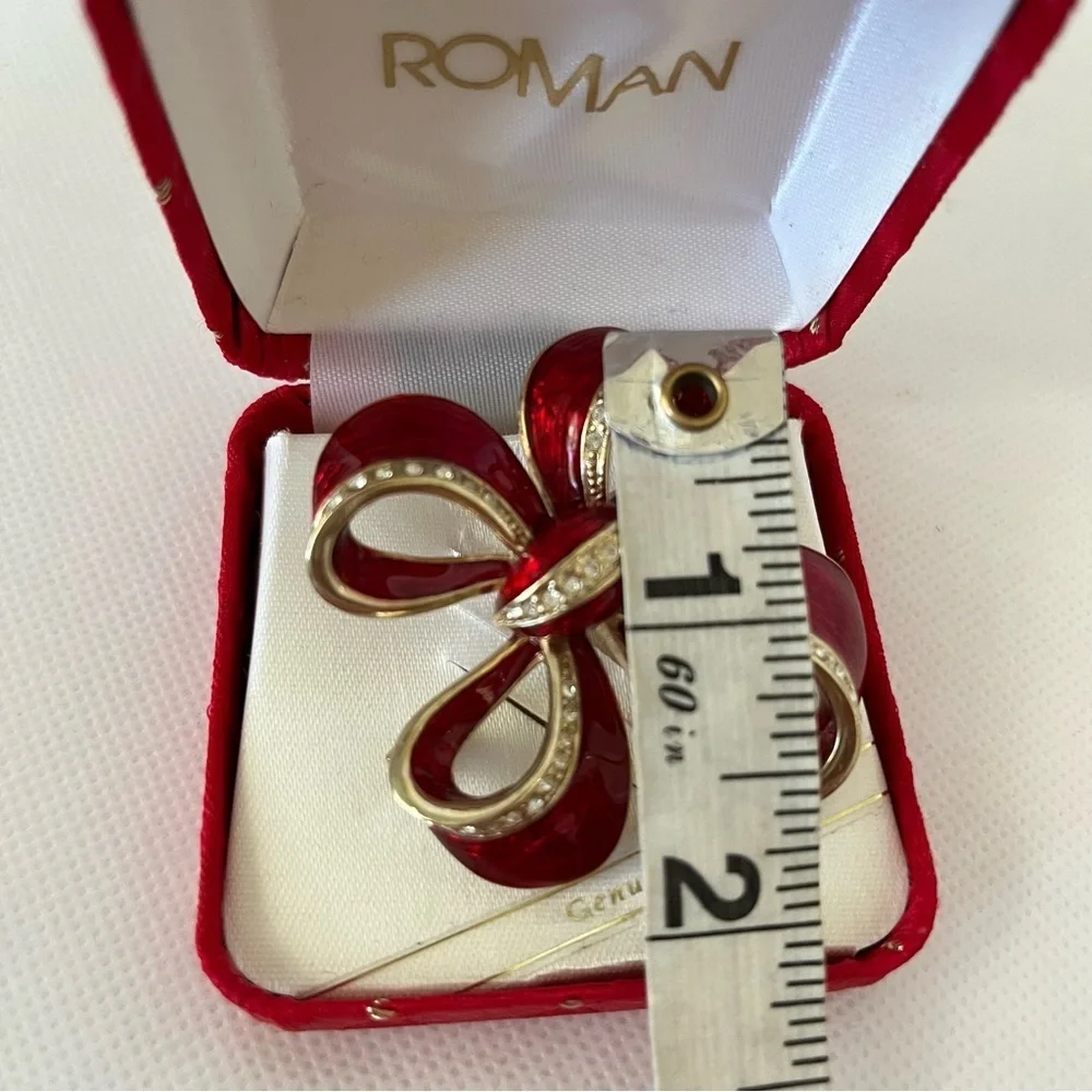 Vintage Roman Red Gold Crystal Bow Brooch Christmas